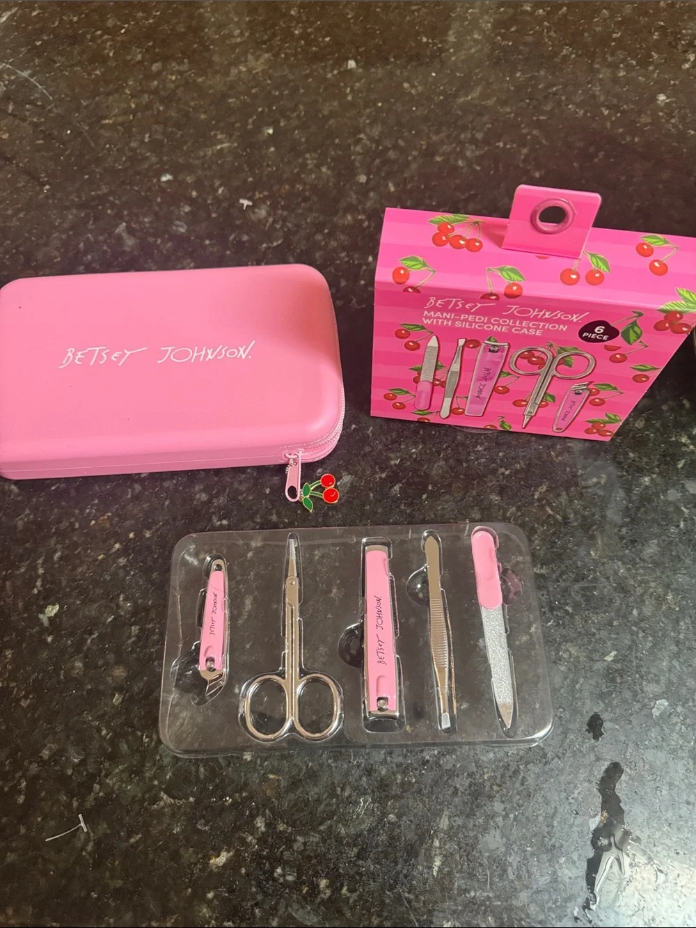 Betsey Johnson Pink Cherry Mani-Pedi Set in Pink Silicone Case